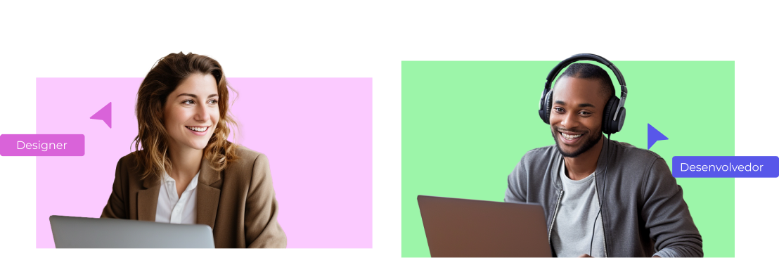 Imagem de uma mulher branca de cabelo castanho, sorrindo em frente ao seu notebook, utilizando uma camisa branca e um blazer marrom. A imagem contém também um homem negro vestindo uma camiseta cinza e um moletom cinza escuro. Ele usa um fone de ouvido e está em seu notebook enquanto sorri.