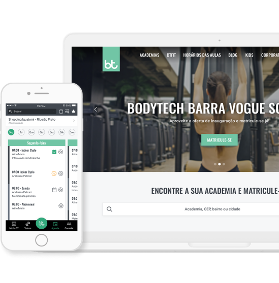 Imagem de um notebook e um celular exibindo a interface do aplicativo e portal da Bodytech.