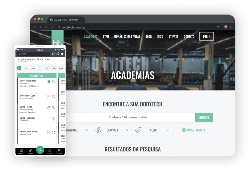 Imagem de um navegador exibindo a página de pesquisa do Portal Bodytech e um celular exibindo a tela de agenda do aplicativo Bodytech