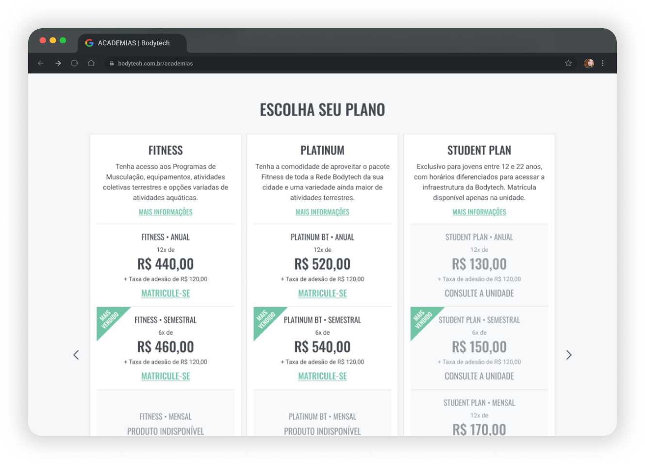 Imagem do navegador exibindo a tela de planos disponíveis do Portal Bodytech