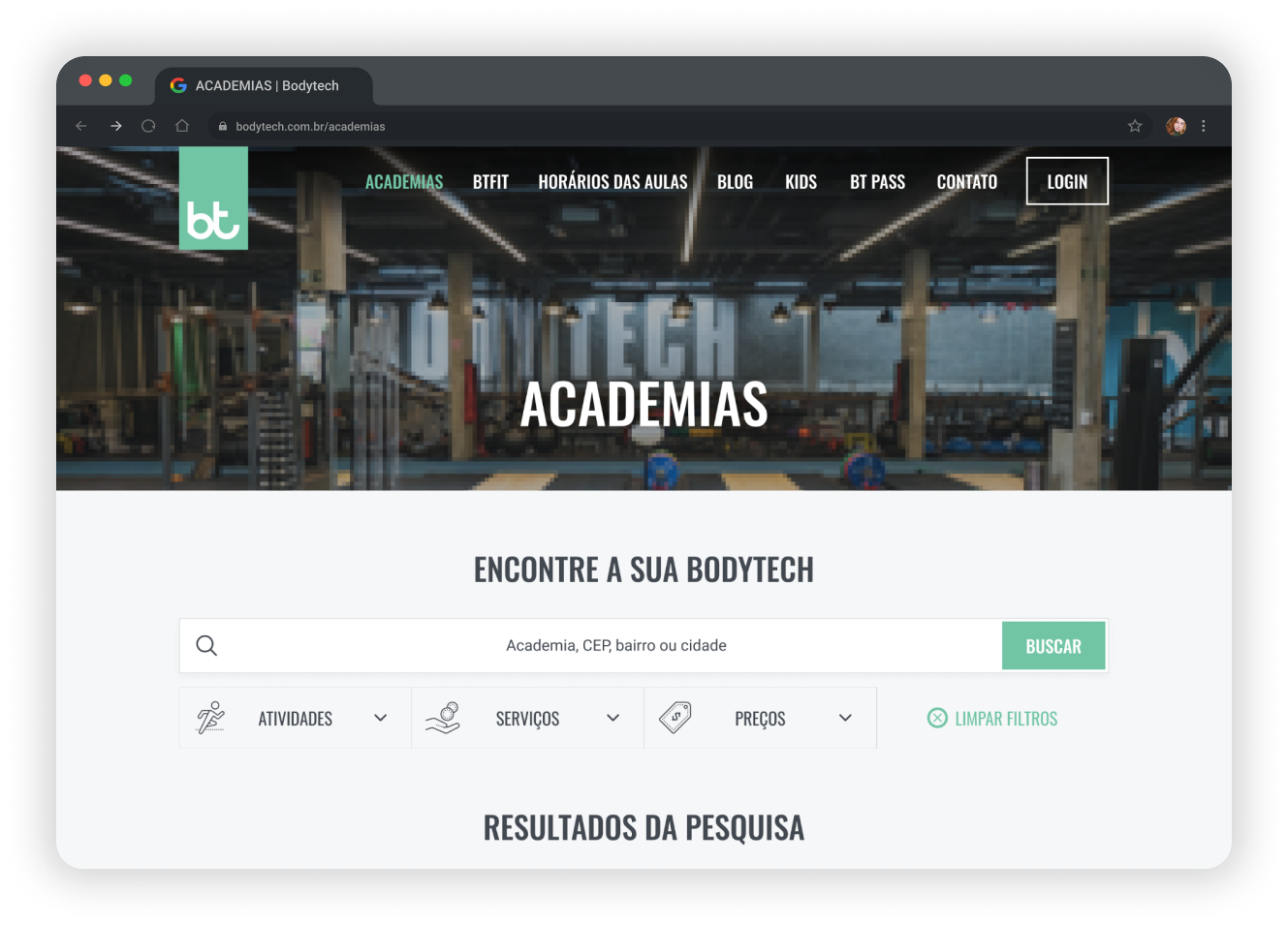 Imagem do navegador exibindo a tela de pesquisa de academias do Portal Bodytech