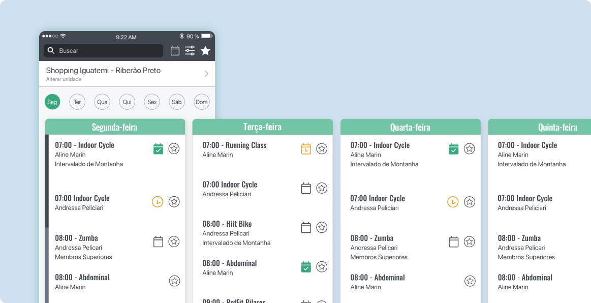 Imagem da tela de agenda do aplicativo Bodytech em um fundo azul claro.