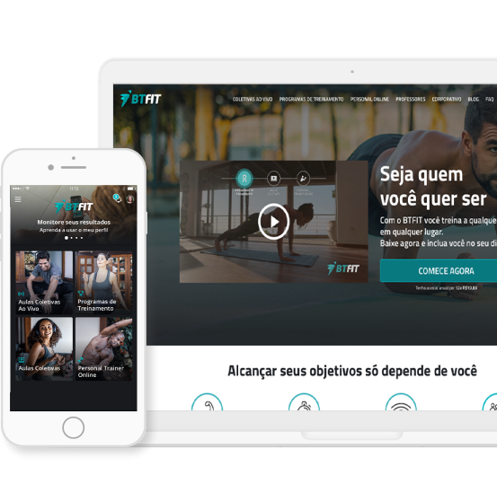 Imagem de um notebook e um celular exibindo a interface do aplicativo e portal do BTFIT.