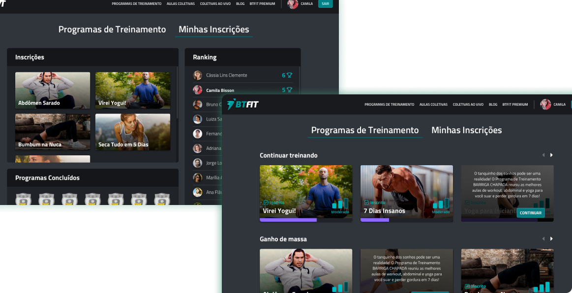 Imagem de duas páginas do portal BTFIT em um fundo azul claro