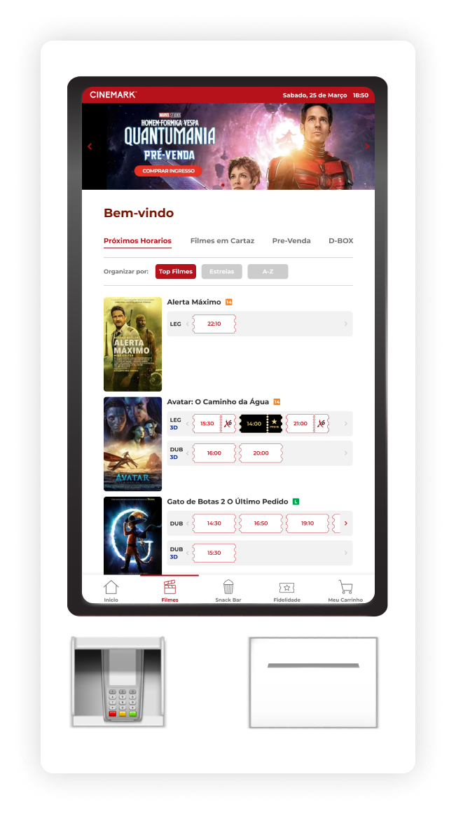 Imagem do totem de autoatendimento do Cinemark, exibindo a lista de próximos horários de filmes a serem exibidos