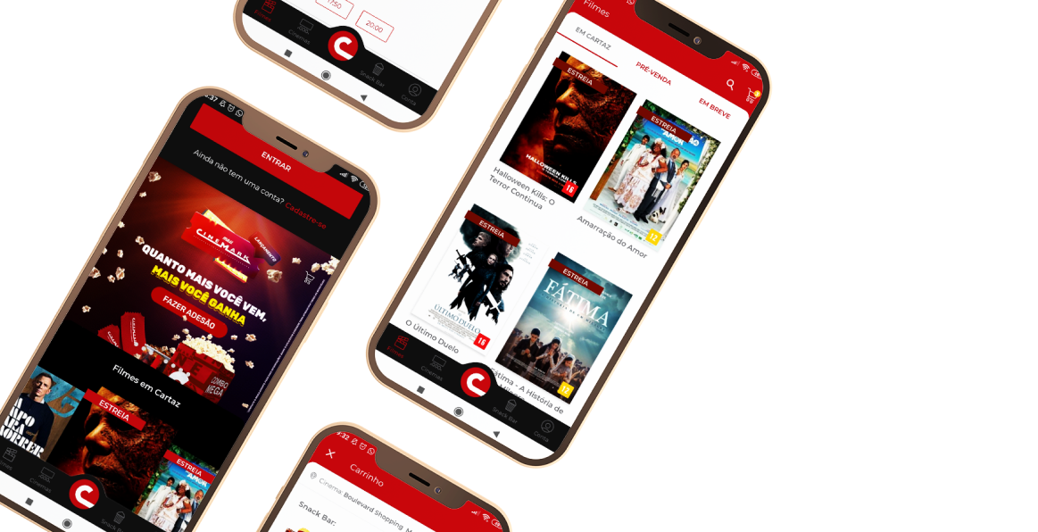 Imagem de quatro celulares exibindo telas do aplicativo Cinemark em um fundo azul claro