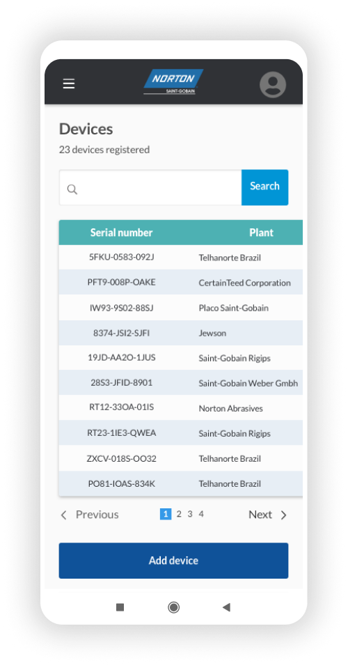 Imagem de um celular exibindo a página de Devices da Plataforma Web Mobile do Saint Gobain