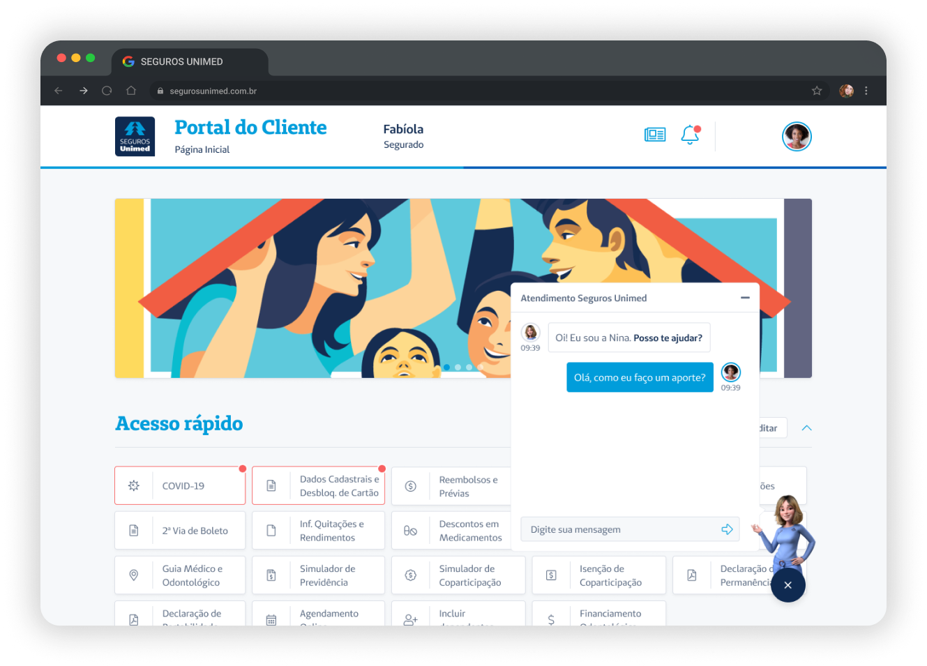 Imagem de um navegador exibindo a tela inicial do Portal do Cliente da Seguros Unimed.