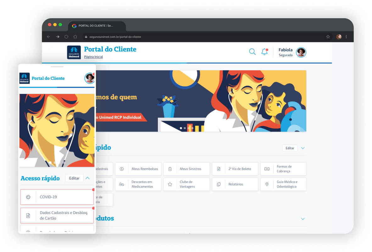Imagem de um navegador exibindo a página principal do Portal do Cliente da Seguros Unimed e um celular exibindo a versão mobile da página