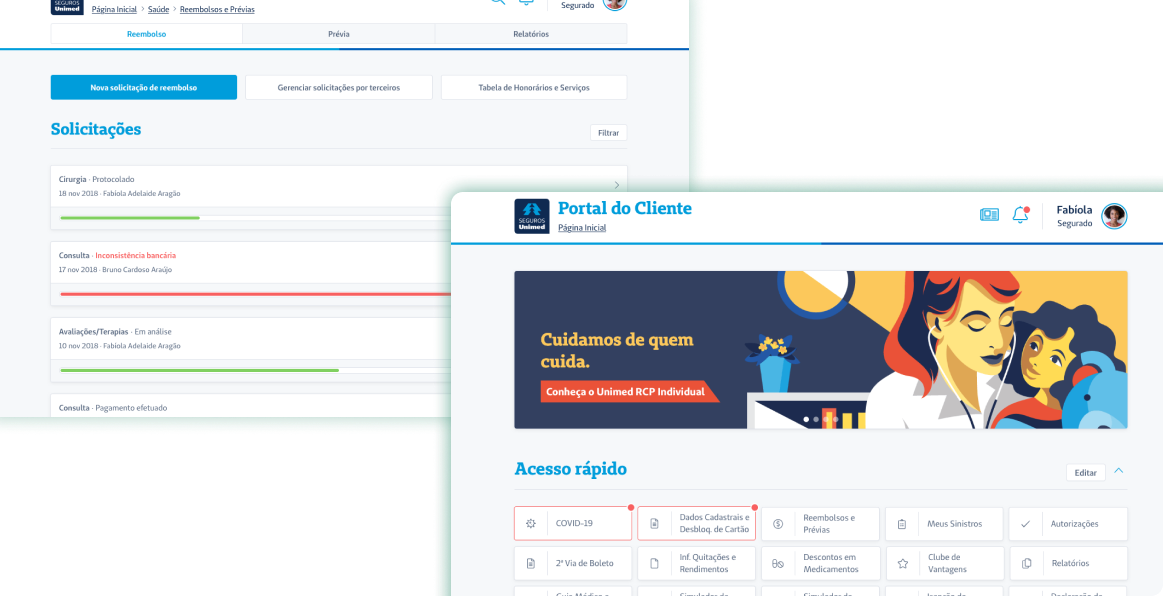 Imagem de duas páginas do portal do cliente da Seguros Unimed em um fundo azul claro